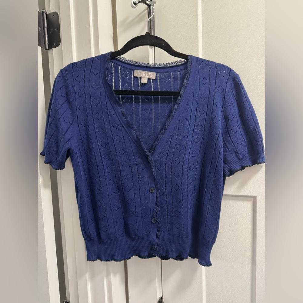 J.Crew Pointelle short-sleeve V-neck cardigan in premium ultra-fine cotton Sz M - Picture 2 of 9